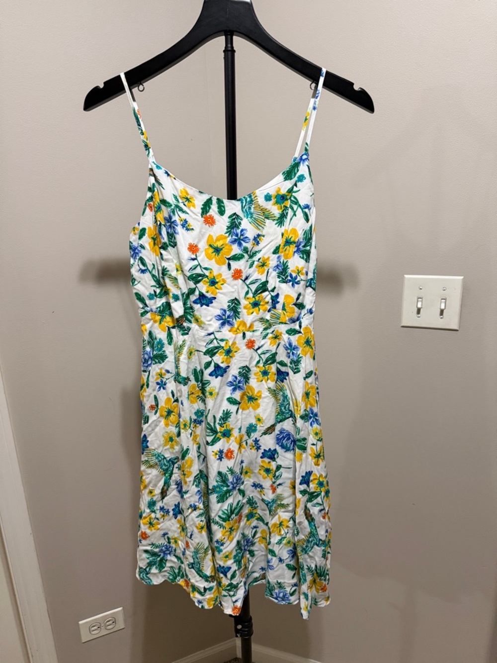 Old Navy White Midi Sundress with Yellow, Blue & Green Floral Print: M